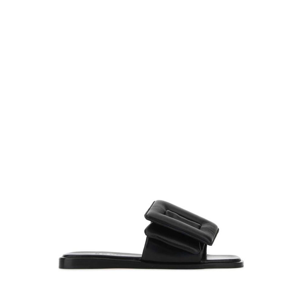 Boyy Women Black Leather Puffy Slippers
